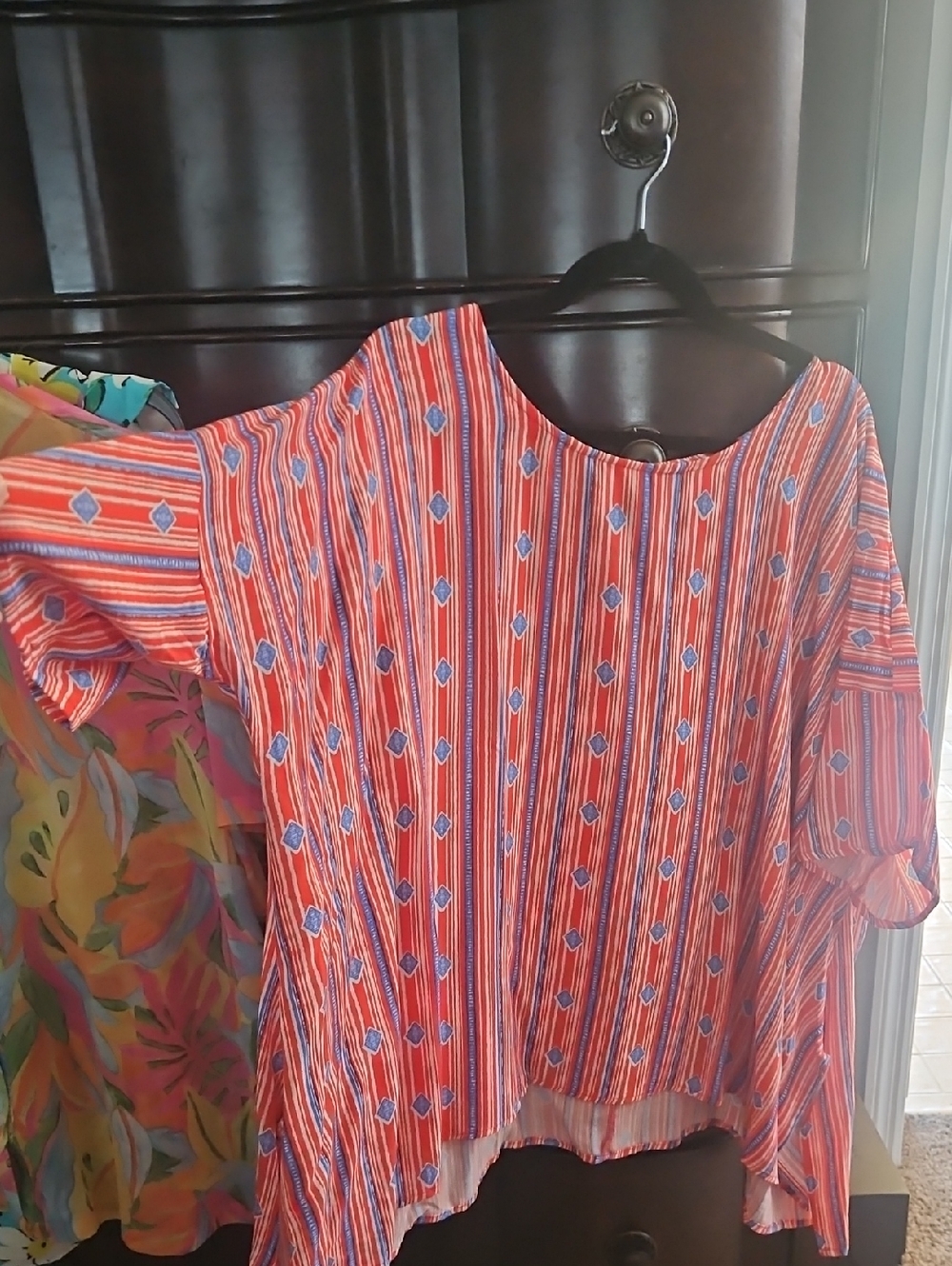 white birch Red and Blue Striped Top with Diamond Motif